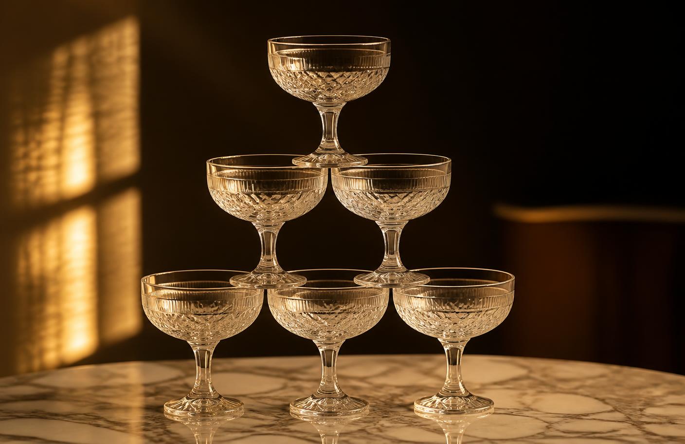 Taças de cristal empilhadas sob luz dourada